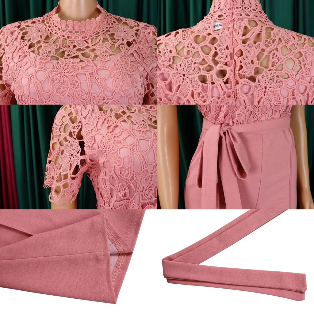 D509 Latest Design Sexy Lace Jumpsuit for Women Hollow Out Short Sleeve Tie up High Waist Wide Leg Jumpsuits for Ladies