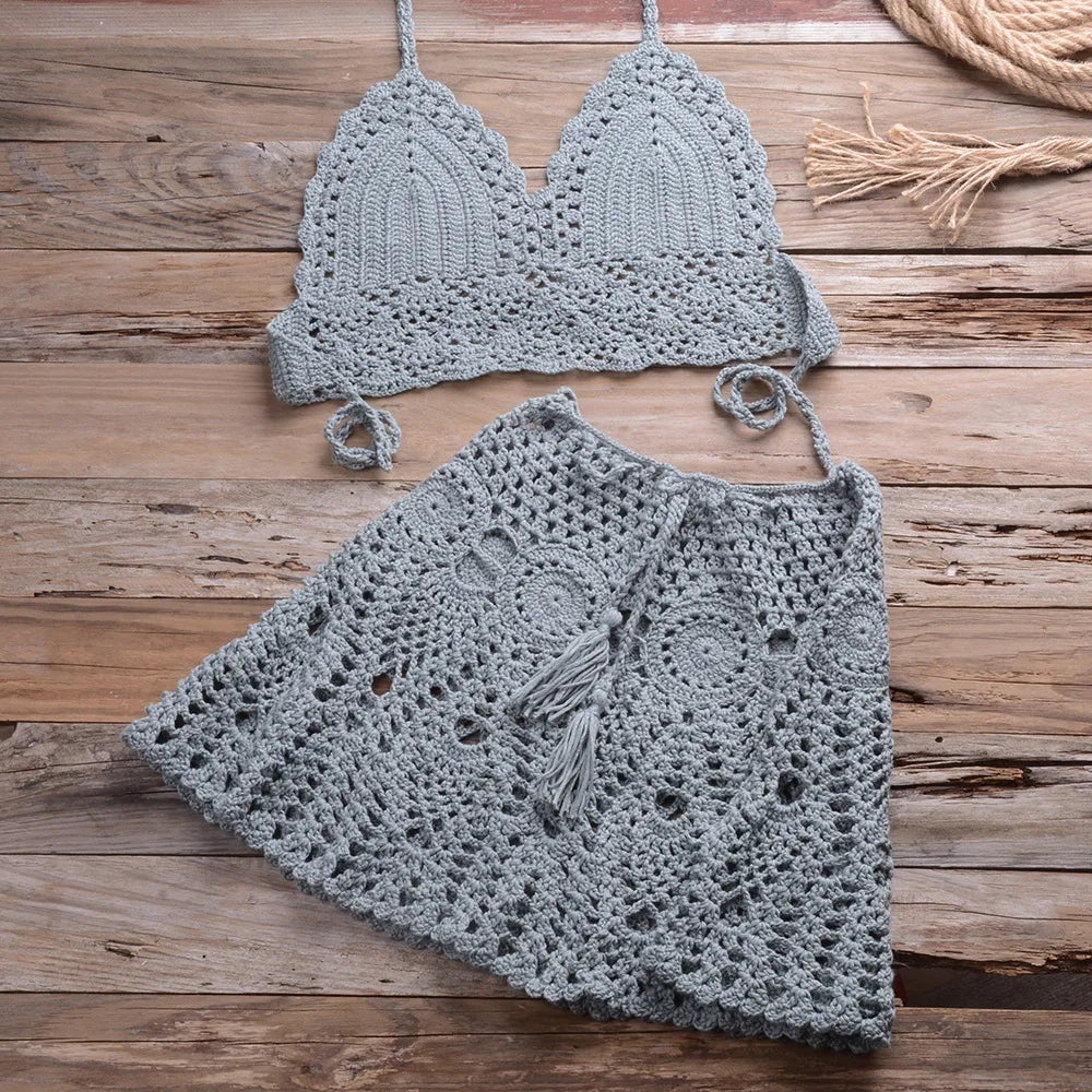 Custom Crochet Swimwear Women's Halter Top Tie Side Swimsuits 2 Piece Beachwear Set Beach Cover up Crochet Bikini
