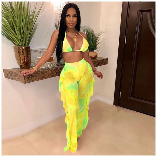 Summer Night Club Bikini Halter Sexy Swimsuits for Women 2Pcs Sheer Sexy 2025 Women Long Pant Bathing Suits