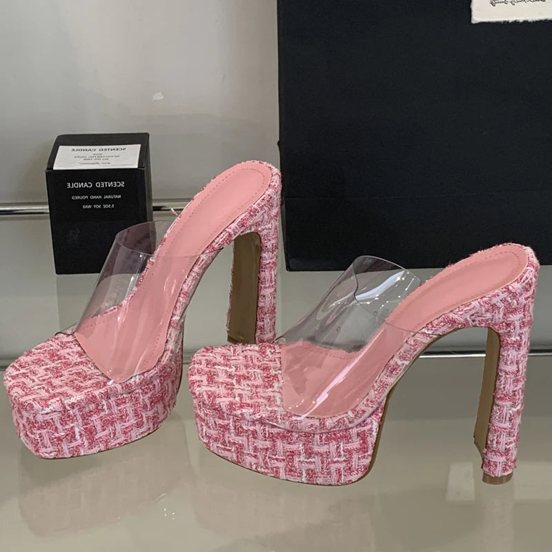 2025 Women's High-Heeled Grid Design Sandals with Anti-Slip Transparent Tape Anti-Slip Slippers Wedges