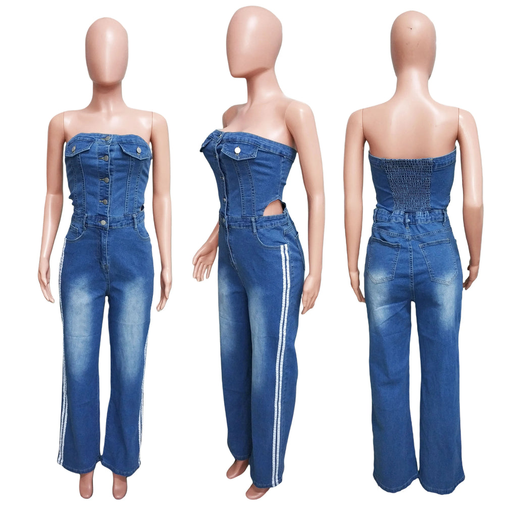 Women's Strapless Halter Loose-Fitting Denim Jumpsuit Spring Casual Solid Knitted Tights for Outings Straight Wide Leg Design