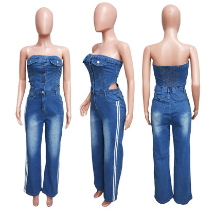 Women's Strapless Halter Loose-Fitting Denim Jumpsuit Spring Casual Solid Knitted Tights for Outings Straight Wide Leg Design