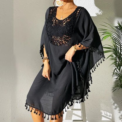 2024 Factory New Summer Women Bikini Cover up Tassel Handmade Crochet Tunic Loose Beach Blouse Dress Swimwear Beach Cover Ups
