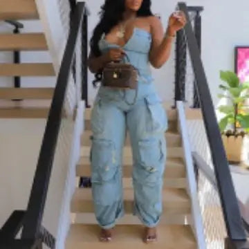 S-3XL Nouveau vêtement pour femmes, combinaison sexy bustier à simple boutonnage, combinaison de travail à poches multiples