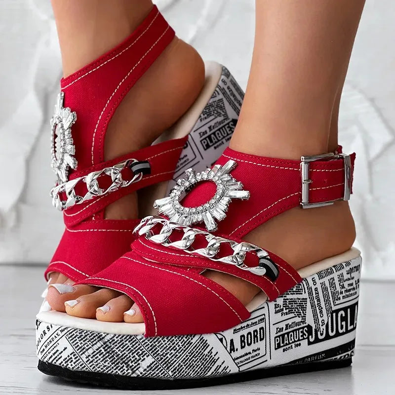 Sandales compensées à paillettes 2026 NEW KJ Summer - Nouveau style - Vêtements d'extérieur avec boucle de ceinture - Chaussures pour femmes