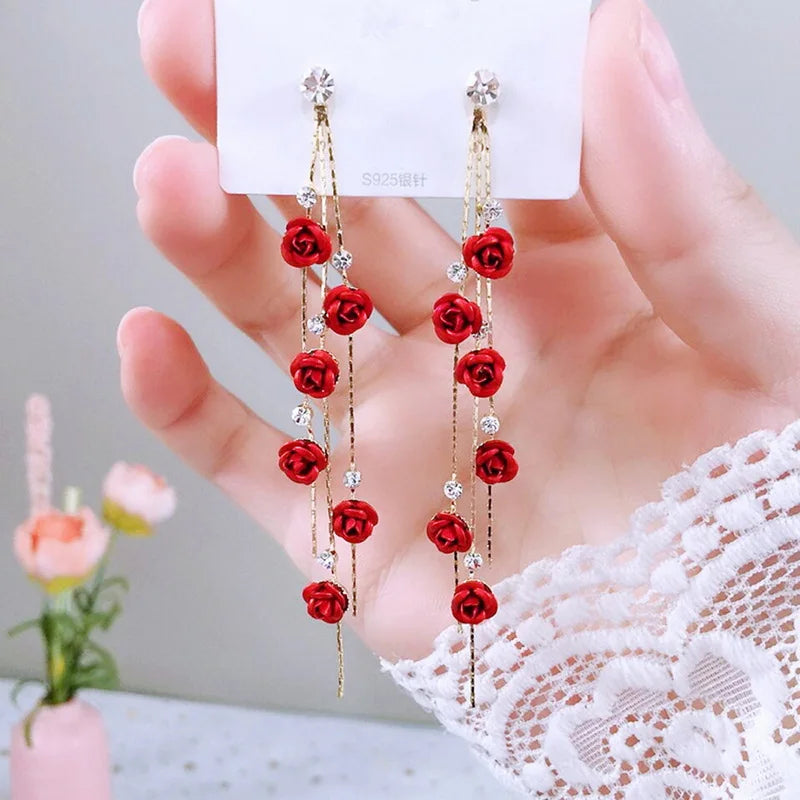 Nuovi gioielli di moda Orecchini pendenti con rosa rossa Donna Fiori con strass vintage Orecchini pendenti Matrimoni Gioielli per feste di fidanzamento