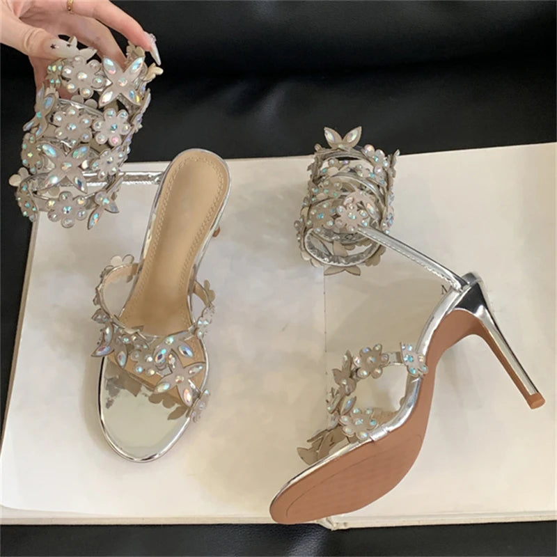 Customized Women's High Heel Peep Toe Ankle Strap Sandals Sparkling Crystal Butterfly Design Fashion Trend for Summer Parties