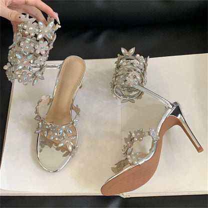 Customized Women's High Heel Peep Toe Ankle Strap Sandals Sparkling Crystal Butterfly Design Fashion Trend for Summer Parties