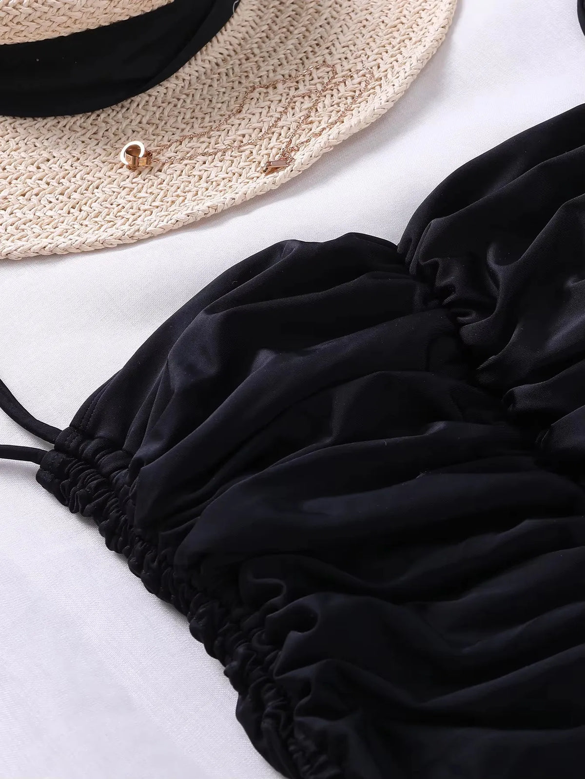 Combinaison sexy noire, maillot de bain femme une pièce à épaules dénudées _ Nouveau maillot de bain bikini froncé à lacets avec cordon de serrage