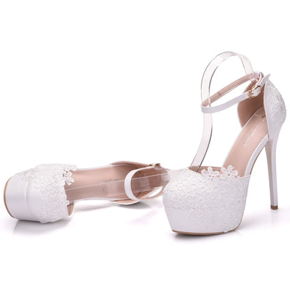 BS034  Flower Lace Wedding Prom Paty Hollow High Heels Dress Shoes Sandals Women's Shoes New Platform Bride Shoes Quinceanera