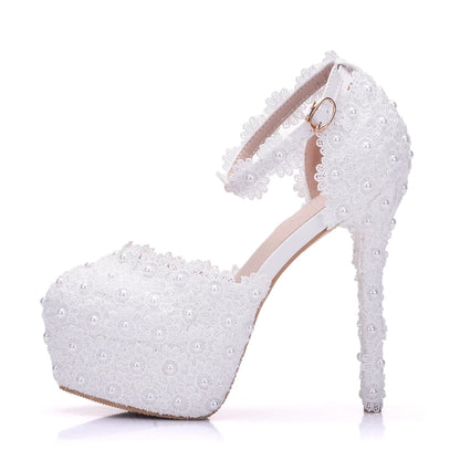 BS048 White Lace High Heels Platform Pumps Party Wedding Shoes White Heels Ankle Straps Women Sandals Bridesmaid Shoes