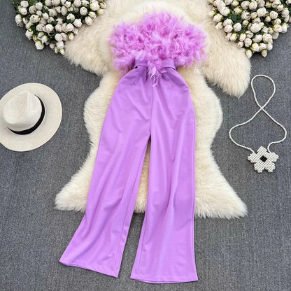 Summer Fashion Strapless Jumpsuit with Feather Patchwork and High Waist Breathable Casual Belt for Going Out