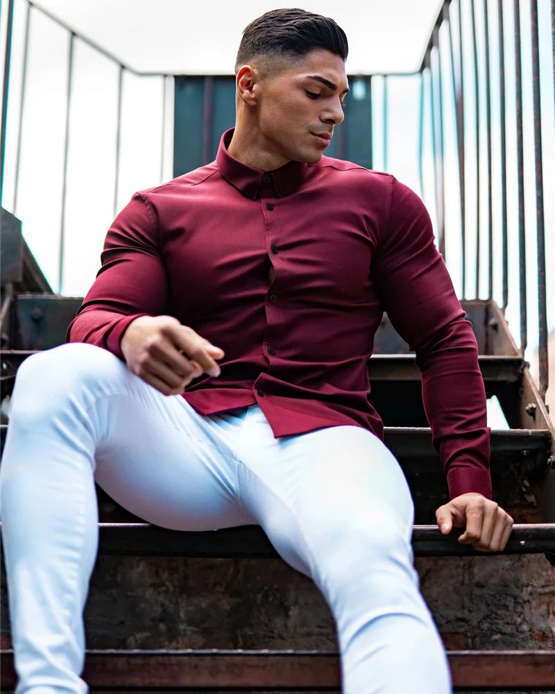 Camicia a maniche lunghe moda autunno uomo camicia super slim fit maschile casual da lavoro sociale camicia da uomo di marca abbigliamento sportivo fitness