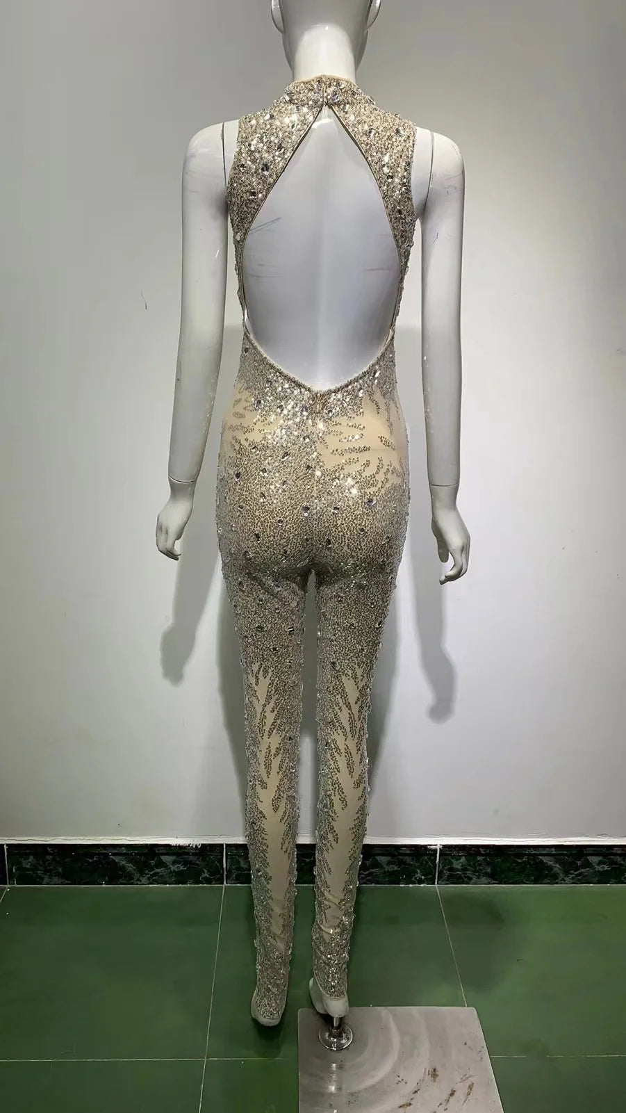 ED2095 Neues Damen-Overall mit hoher Taille, atmungsaktiv, goldener Perlenstickerei, Pailletten, sexy rückenfrei, ärmellos, Hose