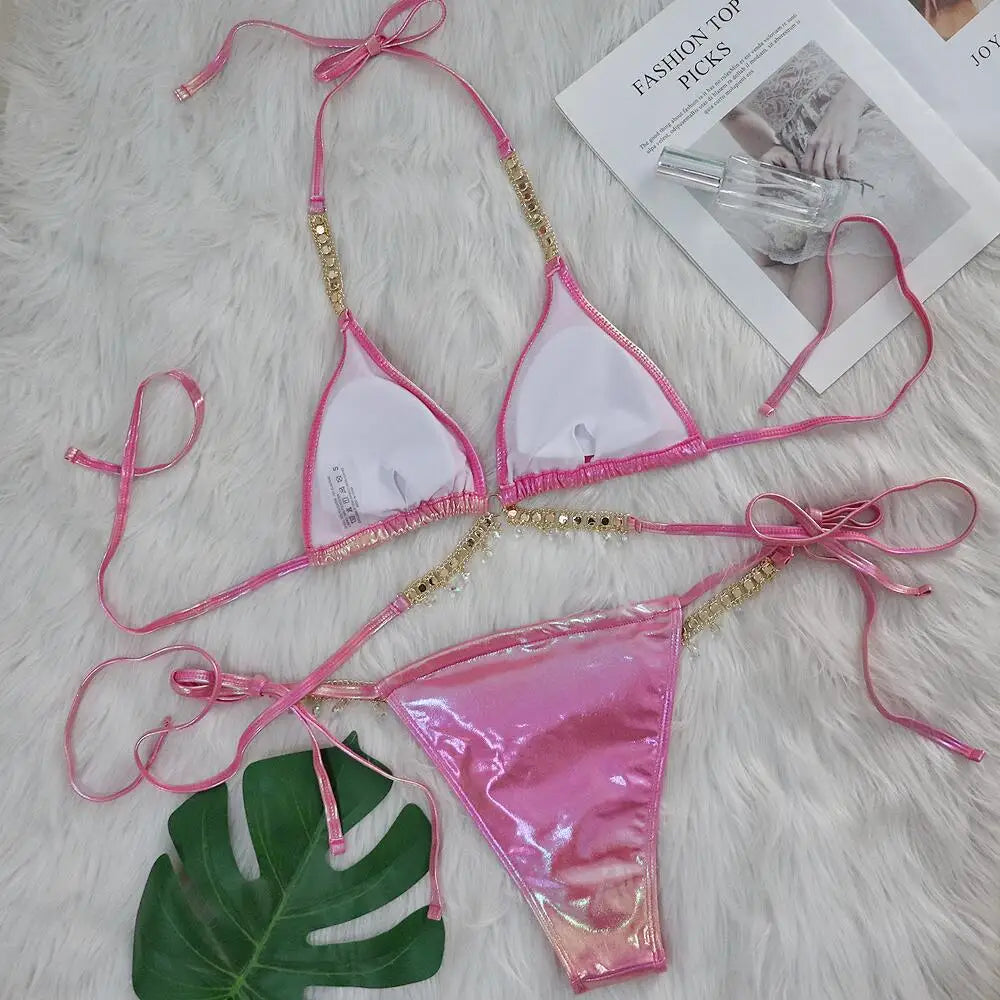 2024 Neuer Kristall-Diamant-Bikini Sexy Bronzing Strap Damen Split-Badeanzug Fabrik auf Lager Badeanzug-Schmuck Badebekleidung