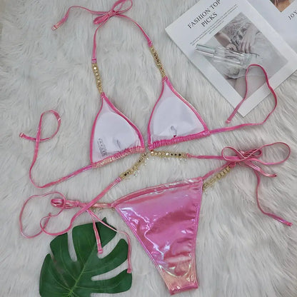 2024 Neuer Kristall-Diamant-Bikini Sexy Bronzing Strap Damen Split-Badeanzug Fabrik auf Lager Badeanzug-Schmuck Badebekleidung