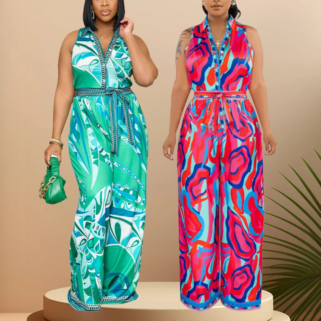 K10547 Großhandel Neuer Sommer Druck Ärmelloser V-Ausschnitt Weiter Bein-Jumpsuit Damen Freizeit-Jumpsuit