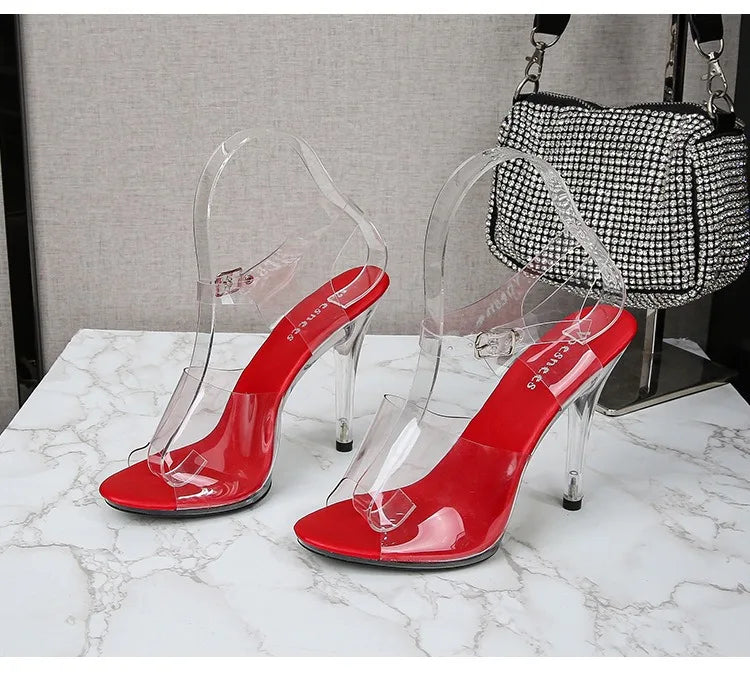 11CM High Sexy Super High Heels 35-43 Large Size PVC Insole Fun Summer Shoes Transparent Nightclub Sandals Open Back for Winter