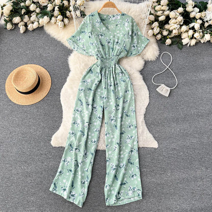 ANSZKTN Women's Summer Pant Set Short Sleeved Lattice Shirt Loose Wide-leg Trousers Printed High Waist Suit Jumpsuit