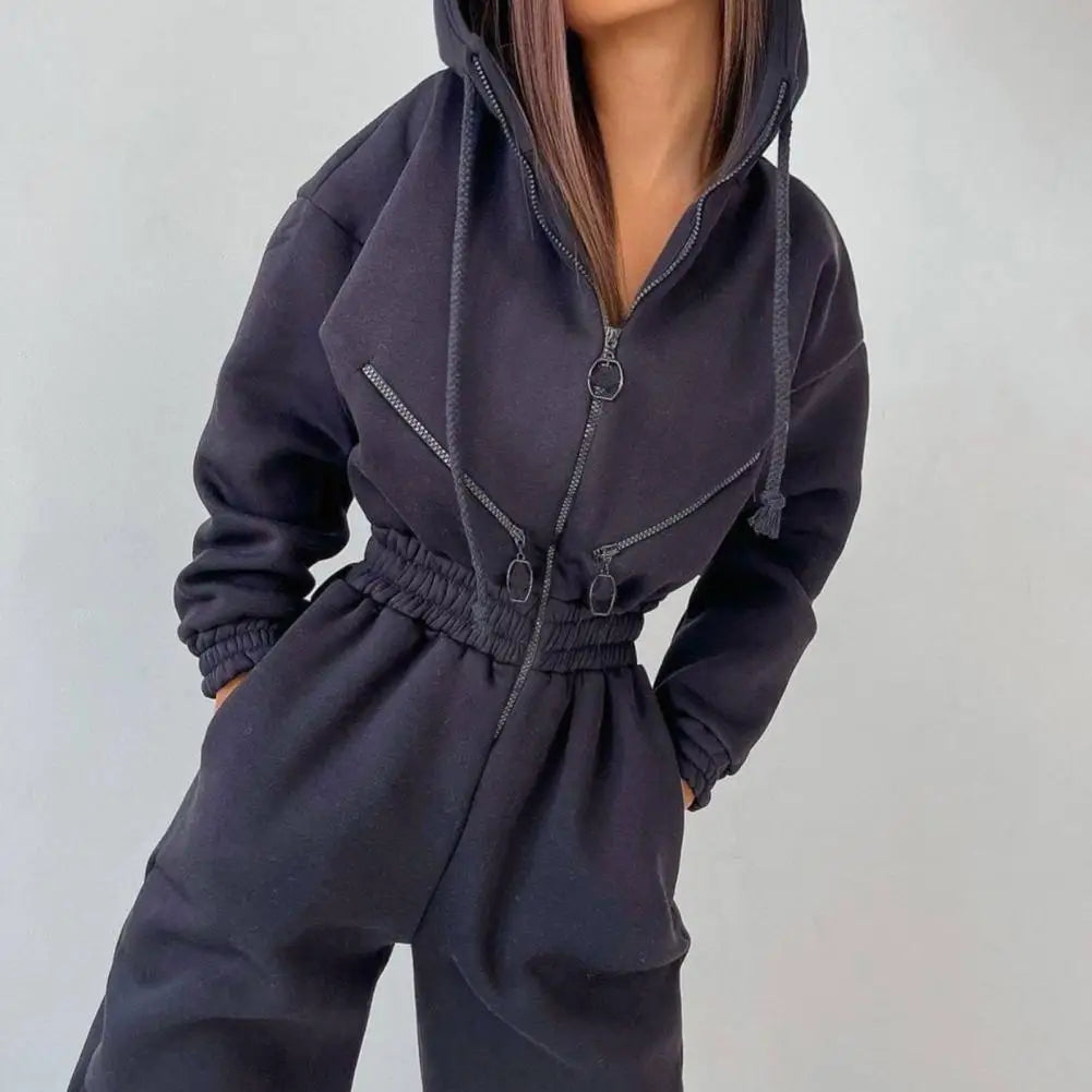 Caldo inverno donna tuta con cappuccio tinta unita spessa vita stretta pagliaccetti casual donna felpa con cappuccio tuta tuta combinaison femme
