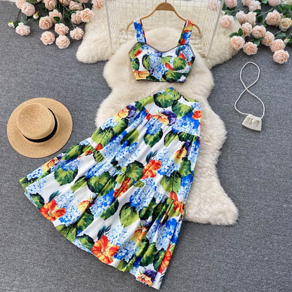 ANSZKTN et le style de vacances américain ANSZKTN Print Suit Femme Courte Bretelle Haut Jupe Plissée Ensemble