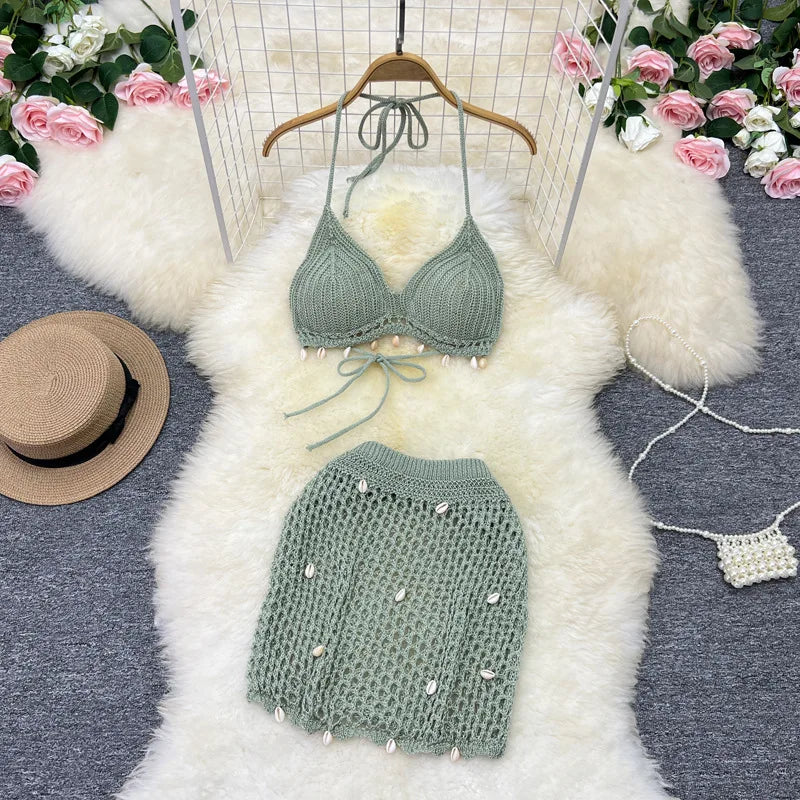 Damen Sommer Bademode Strand Sonnenbaden Muschel Bikini Set Stilvolle einfarbige Neckholder Hohler Strickrock