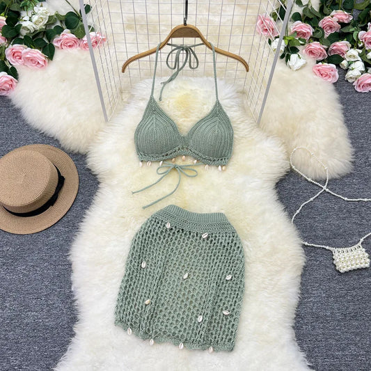 Women Summer Swimwear Beach Sunbathing Shell Bikini Set Stylish Solid Color Halter Halter Hollow-Out Knit Skirt