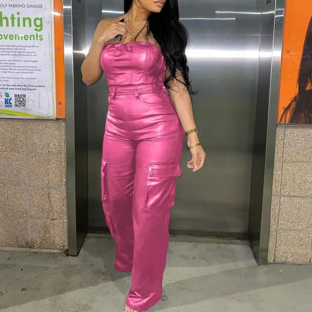 2025 Summer Ready to Ship XS-XL Boutique Sleeveless Pu Leather Streetwear Jumpsuits Playsuits Bodysuits