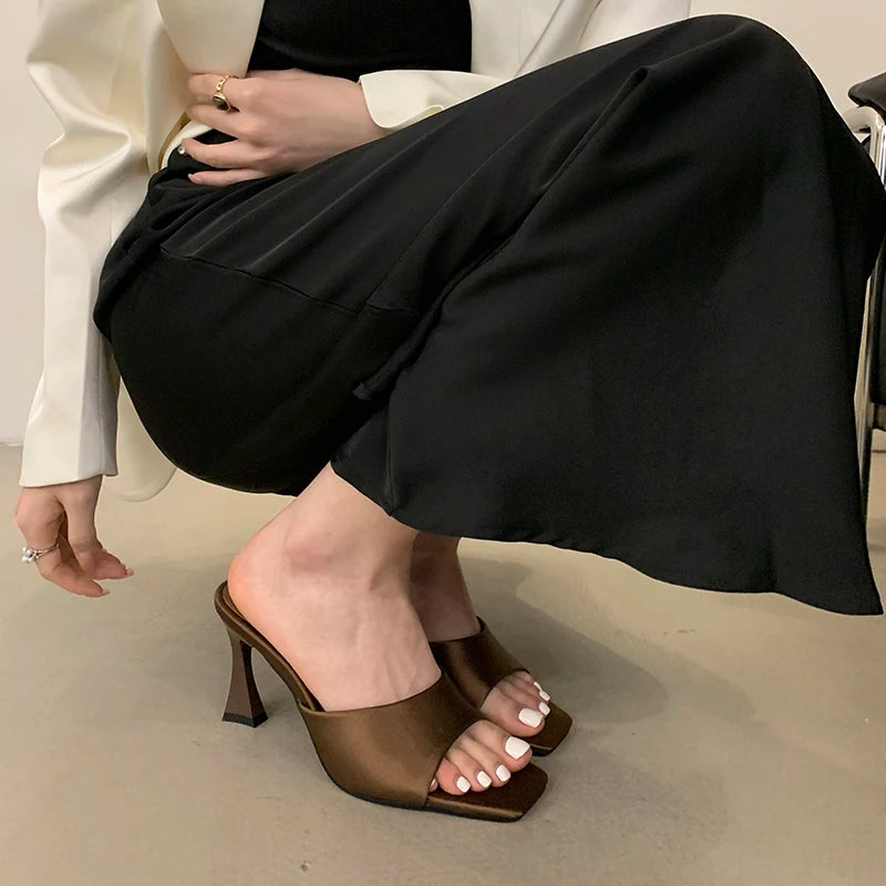 8CM Simple Style Women Slippers Silk Stiletto Heels Summer Outdoors High Heeled Sandals Comfortable Party Ladies Shoes Mules
