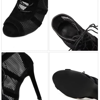Bottes de danse latine de haute qualité en maille noire et daim, sandales sexy à lacets et talons hauts, fabriquées en usine.