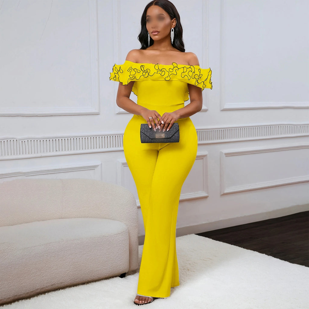 D523 Women's Sexy Tight Solid Color One Line Collar Ruffled off the Shoulder Short Sleeved Jumpsuit