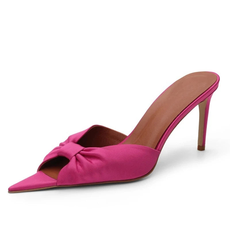 Wide Fit Size 45 Pumps Summer Women Satin Bow Knotted Shoes High Slim Heels Dress Sandals Outdoor Leopard Party Mules