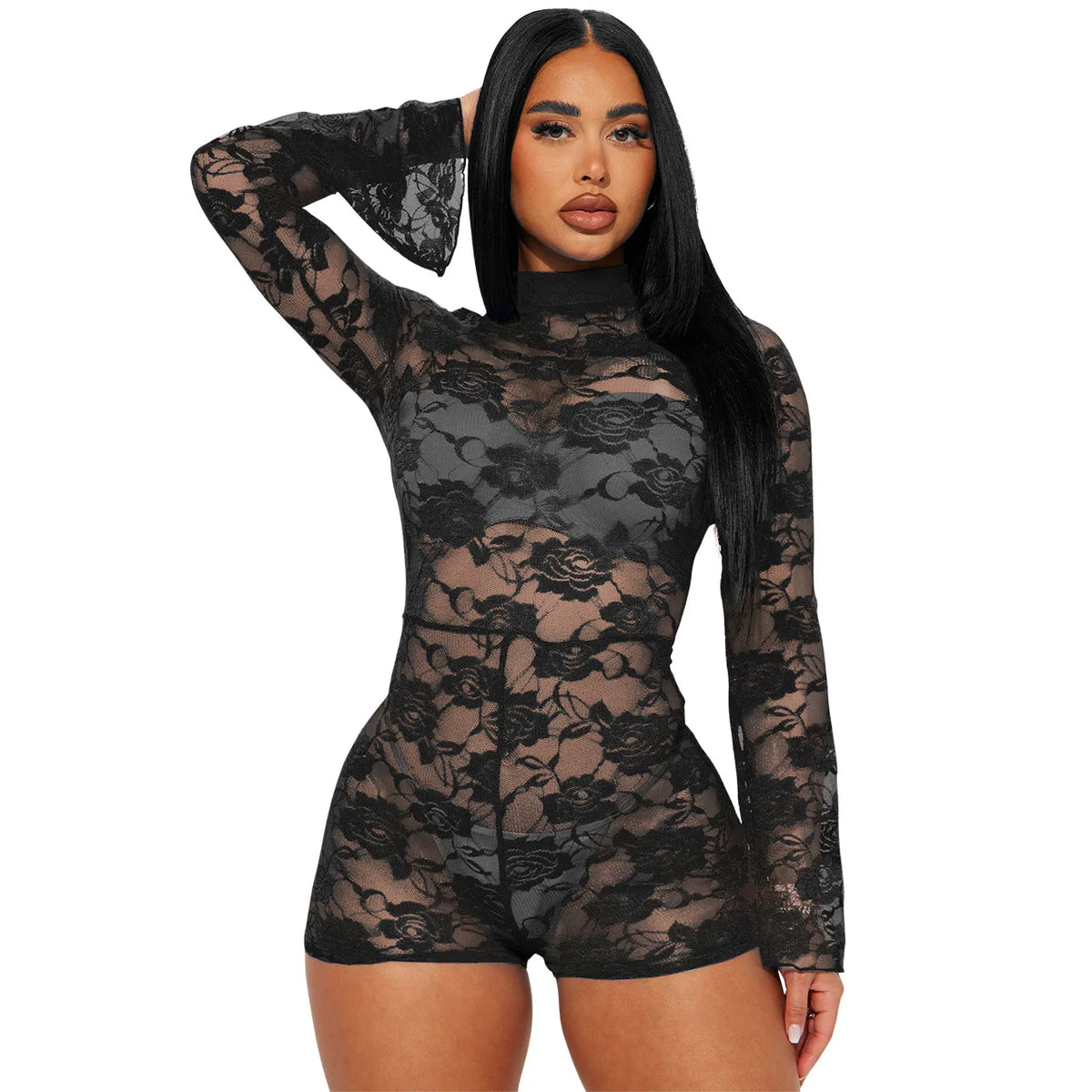 Damen Sexy Spitzen-Netz-Strampler Hauteng Ausgeschnittener Overall Durchsichtiger Body Shaper Roter Spitzen-Overall
