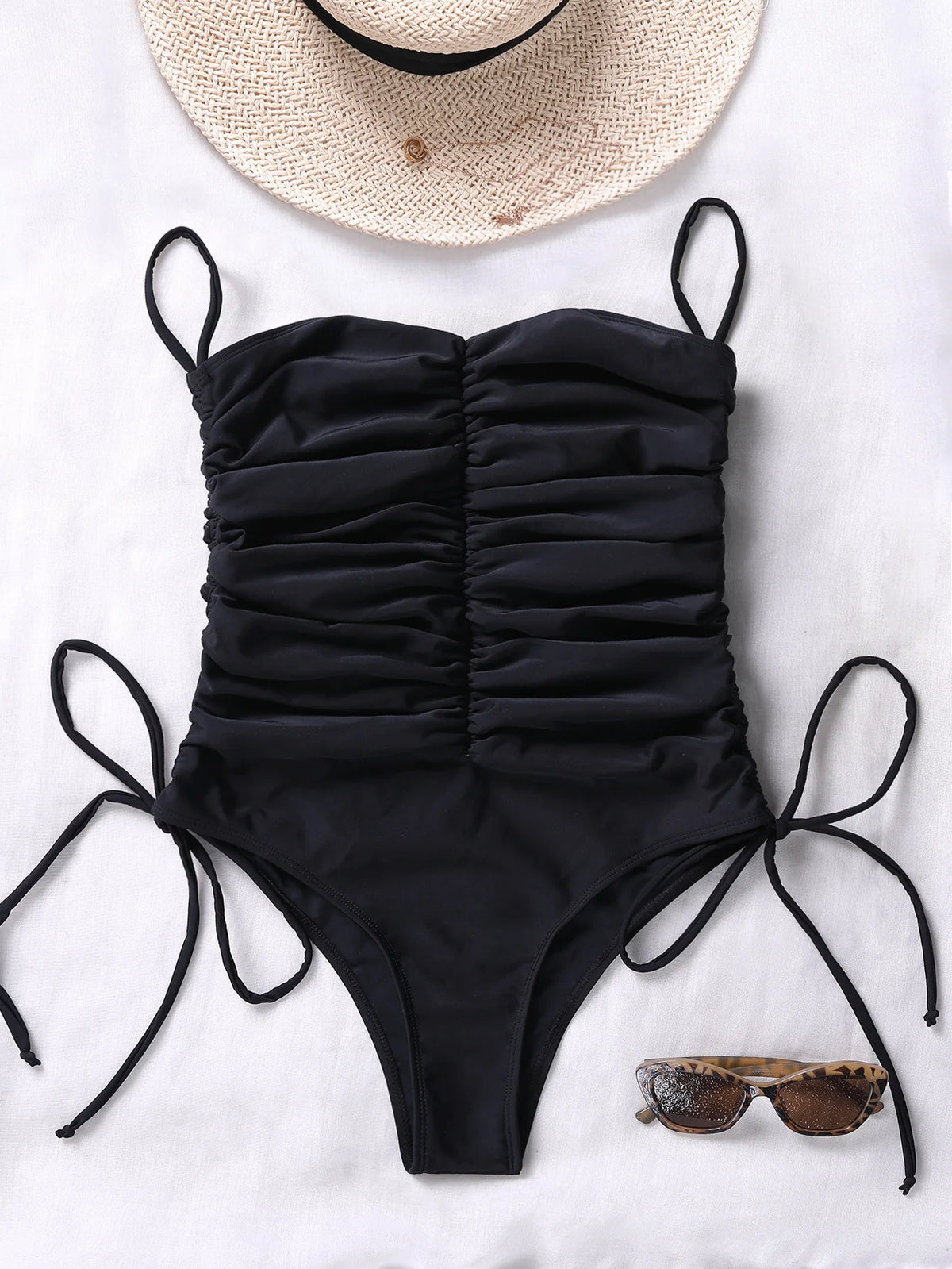 Combinaison sexy noire, maillot de bain femme une pièce à épaules dénudées _ Nouveau maillot de bain bikini froncé à lacets avec cordon de serrage