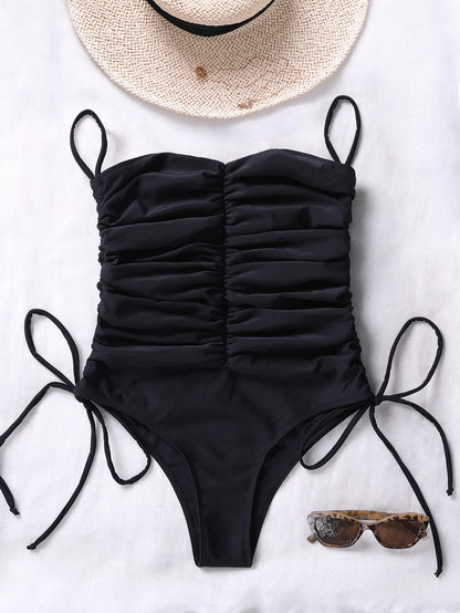 Combinaison sexy noire, maillot de bain femme une pièce à épaules dénudées _ Nouveau maillot de bain bikini froncé à lacets avec cordon de serrage