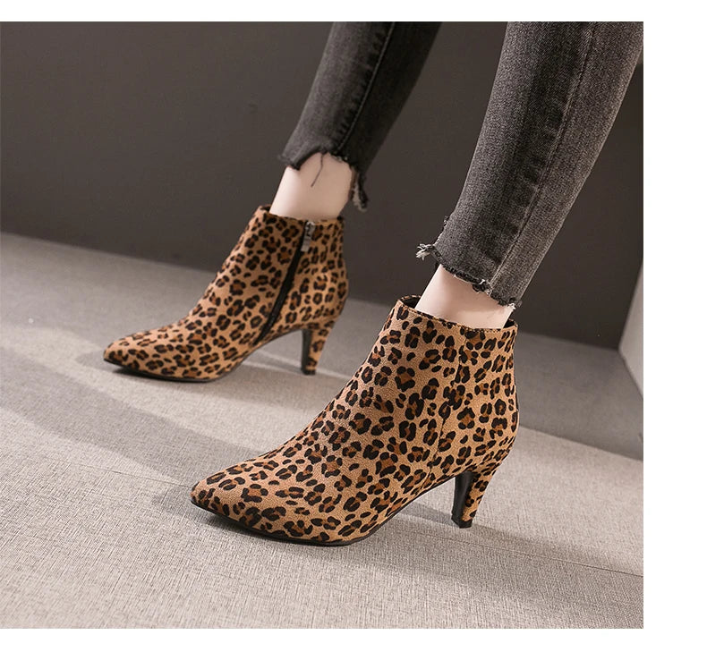 LazySeal 2025 New Luxury Leopard Women Boots Leather Winter Casual Shoes Hoof Heels Zip Pointed Toe Ankle Boots Big Size 43
