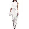 S-3XL New European Solid Shoulder Stacked Neck Jumpsuit Dress Pants