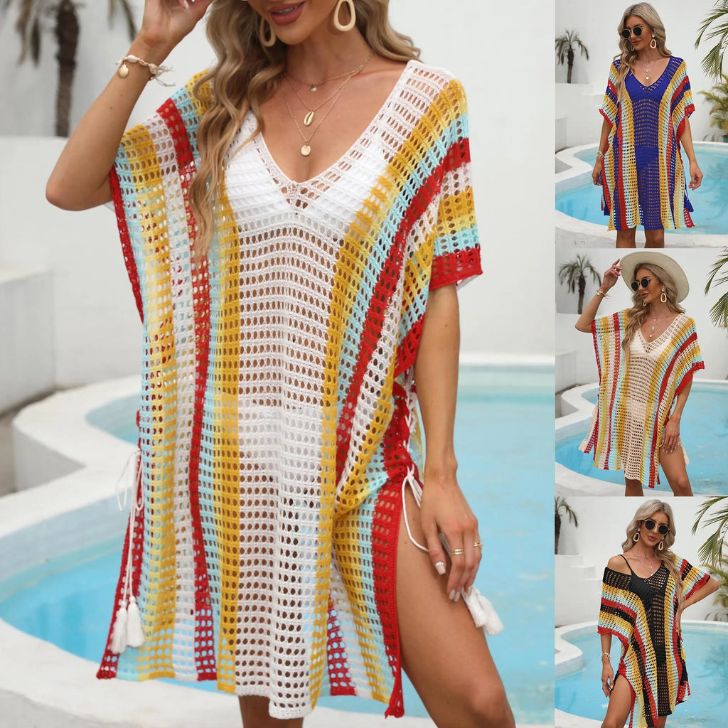 Hersteller Maßgeschneiderte Tunika Bademode Cover V-Ausschnitt Gehäkelte Strickstrandmode Badeanzug Bikini Kimono Strandkleid für Damen