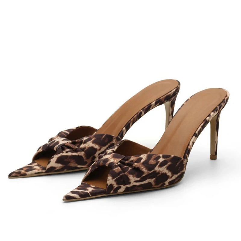 Wide Fit Size 45 Pumps Summer Women Satin Bow Knotted Shoes High Slim Heels Dress Sandals Outdoor Leopard Party Mules