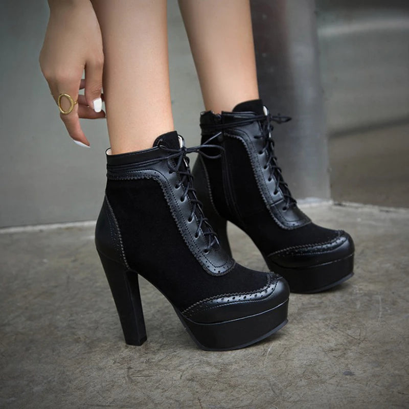 REAVE CAT Ankle Boots Lace Up Flock Platforms Round Toe Block Heel Short Plush Black Yellow Grey A4506