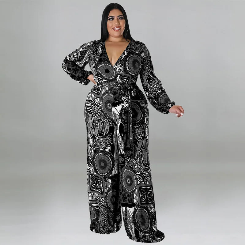 BH784 Combinaison-Pantalon Imprimée Ample Col V Grande Taille 100% Polyester Tendance Automne Hiver pour Femme