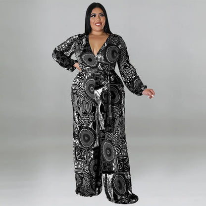 BH784 Combinaison-Pantalon Imprimée Ample Col V Grande Taille 100% Polyester Tendance Automne Hiver pour Femme