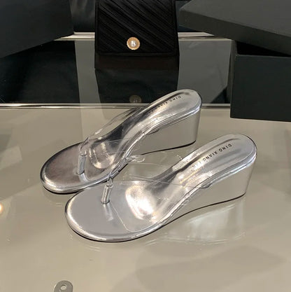 Chaussons transparents en PVC pour femmes 2025, sandales d'été à bout ouvert, talons compensés, chaussures à enfiler, tongs pour dames