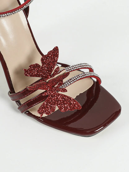 Sandales Femme Été Vin Rouge Talon Carré Talons Hauts Caractéristique Rehaussante Décoration Papillon Strass Laçage