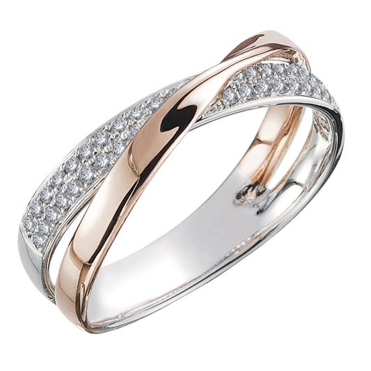 Huitan Il più nuovo anello incrociato a forma di X bicolore fresco per le donne Gioielli alla moda da sposa Abbagliante pietra CZ Grandi anelli moderni Anelli