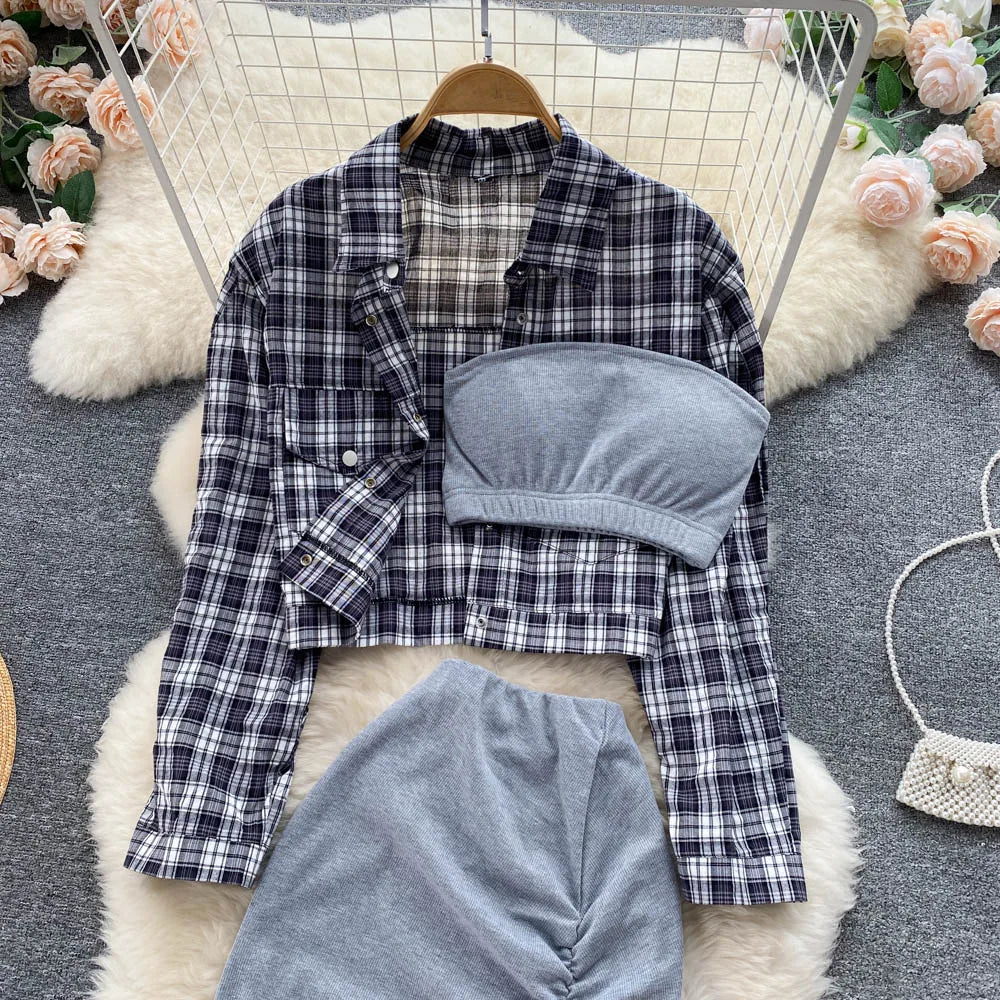 ANSZKTN Sommer Damen Sommeranzug Damen Sonnenschutzhemd Vielseitiger sexy BH Faltenrock Dreiteiler Mode