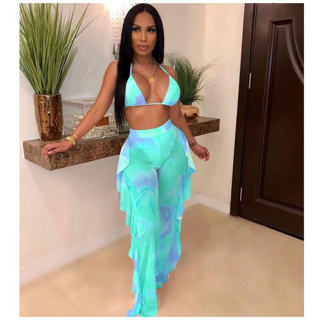 Summer Night Club Bikini Halter Sexy Swimsuits for Women 2Pcs Sheer Sexy 2025 Women Long Pant Bathing Suits