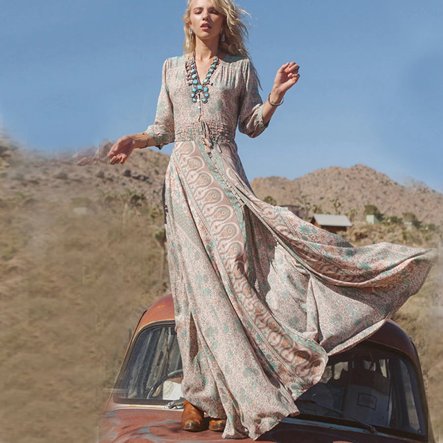 TEELYNN boho abito lungo Vintage 2023 stampa floreale Chiffon manica a tre quarti scollo a v estate Gypsy Hippie abiti da donna vestidos