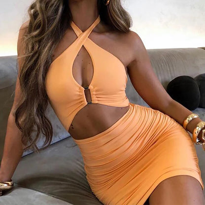 2022 senza maniche Backless scava fuori vestito aderente estate Sexy increspato Halter Mini abiti donna abiti da sera Party Club Outfit