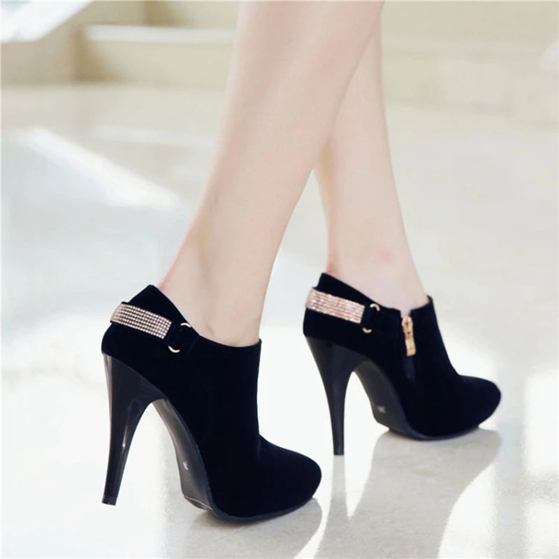 REAVE CAT Ankle Boots Pointed Toe Shoes women Sale Thin Heels Flock Suede Leather Rhinestone Big Size 31-50 Weeding Blue Black